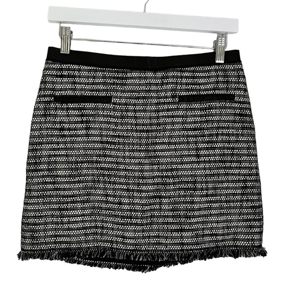Rebecca Taylor Lamb Leather Trim Linen Tweed Fringe Mini Skirt Grey Black Size 4 - Picture 1 of 9